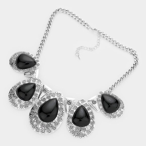 NEW Bohemian Black Oval Stone Silver Emobssed Necklace Set - Picture 3 of 7